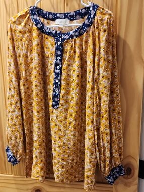 Suzanne Betro Mustard Floral Tunic with Navy Trim